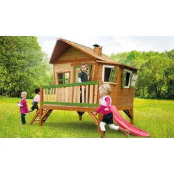 Holzspielhaus Maike - Braun, Weiß / Rot - 	340 x 180 x 223 cm - aus Zedernholz / Kunststoff