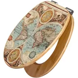 Banjado Design WC Sitz Bambus Holz Toilettendeckel Mit Absenkautomatik Klodeckel WC-Sitz Soft Close Mit Motiv Historische Weltkarte