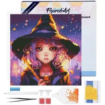 ap commerce FiguredArt DP-SFA168-Y - Mini Diamond Painting, Bezaubernde Kleine Hexe, Leinwand-Keilrahmen (25x25cm), DIY Bastelset