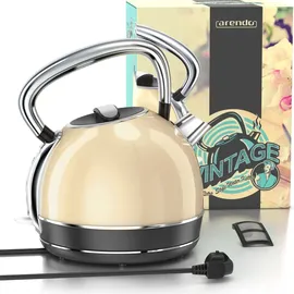 Arendo Wasserkocher Retro Design, 2200 Watt, Edelstahl Teekessel 1,7 Liter, Kalkfilter austauschbar, automatische Abschaltung, Beige