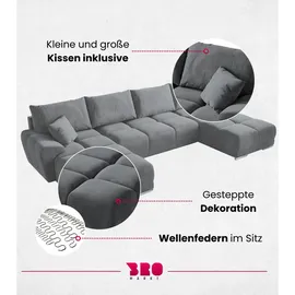 bromarkt Ecksofa NUBES Schlaffunktion Bettkasten U-Form 372x184x85cm Grau - Grau