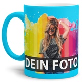 Tasse selbst individuell gestalten/Personalisierbar mit eigenem Foto Bedrucken/Fototasse/Motivtasse/Werbetasse/Firmentasse mit Logo/Außen Hellblau Matt