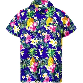 King Kameha Funky Hawaiihemd Kids Kinder Jungs, Kurzarm, Print Pineapple Flowers, Blau, 6 - 6 Jahre