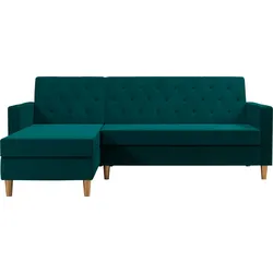 Ecksofa "Liberty, L-Form", blau (petrolfarben), B:213cm H:82cm T:154cm, Veloursstoff 100% Polyester, COSMOLIVING BY COSMOPOLITAN, Sofas, mit Schlafffunktion, Recamiere beidseitig montierbar, Sitzhöhe 43 cm