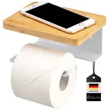 ELUNO Toilettenpapierhalter VARAZ mit Ablage aus Bambus, Selbstklebender, Toiletpaper Holder, WC-Rollenhalter mit hochwertigem Klebeband zum Kleben oder zum Bohren, aus Metall (Weiß)