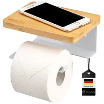 ELUNO Toilettenpapierhalter VARAZ mit Ablage aus Bambus, Selbstklebender, Toiletpaper Holder, WC-Rollenhalter mit hochwertigem Klebeband zum Kleben oder zum Bohren, aus Metall (Weiß)