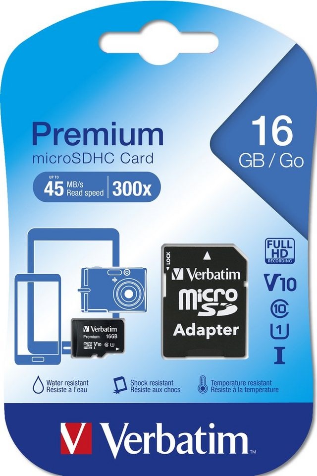 Verbatim Micro SDHC Karte 16GB Speicherkarte Premium UHS-I Class 10 Speicherkarte