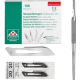 Set - 100 Stück sterile Skalpellklingen Figur 20 aus Karbonstahl - Ersatzklingen + 1 x Shehadeh - Skalpell-Halter mit rundem Griff - Edelstahl