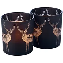 Edzard 2er-Set Teelichtglas Tiu, Höhe 8 cm, schwarz, Hirsch-Motiv