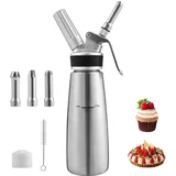 Hebitod Sahnespender Sahnesyphon Edelstahl, 0,5 L Schlagsahnebereiter mit 3 Edelstahl Deko-Düsen und 1 Reinigungbürste, Profi Schlagsahne Dispenser für Desserts Gebäck Sahne, Soßen und mehr