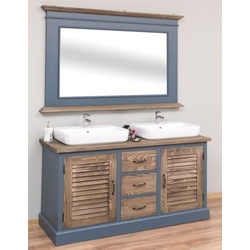 Casa Padrino Landhausstil Badezimmer Set Blau / Braun - 1 Doppelwaschtisch & 1 Wandspiegel - Landhausstil Badezimmer Möbel