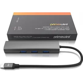 Primewire - USB C HUB mit RJ45 Ethernet - 10/100/1000 Mbit/s - Gigabit Ethernet, LAN Network Adapter - 3 x USB 3.2 Gen.1 A Ports - Notebook