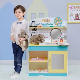 Teamson Kids Little Helper Holzhaustierspielständer Pretend Vet Clinic Spielzeugset für Katzen- und Hundespielzeug mit 19 Rollenspielzubehör Grün/Gelb TD-13636A