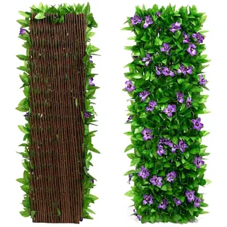 Künstlicher Efeu-Zaun-Sichtschutz, max. 200 * 40 cm erweiterbares Garten-Rankgitter-Paneele, Garten-Sichtschutz-Hecke mit Blume, grüne Blätter Hintergrunddekoration (1 Stück)