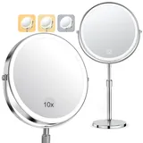 Schminkspiegel mit Beleuchtung, Kosmetikspiegel Vergrößerungsspiegel Mit Licht 10X - Make-up-Spiegel für Präzision, Doppelseitig Vergrößerung 8" 2000mAh 3 Farben Beleuchtungsmodi, Rund 360° Drehbar