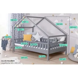 TICAA TiCAA Hausbett Bodenbett wandelbar mit asymmetrischem Dach "Lou" 90/100/120/140x200 cm für Jungen & Mädchen, inkl. Rolllattenrost & Rausfallschutz, Montessori Bett aus Kiefer Massivholz