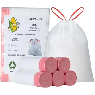 AURMOO Reißfest Müllbeutel 25L mit Zugband, Abbaubar Biomüllbeutel, 120 Stück, Tropfsichere Mülltüten mit Zugband, Reißfeste Müllsäcke mit Tragegriff, B50XH60cm, Weiß