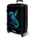 NoBoringSuitcases.com® Koffer Kinder Groß 67x43x25 cm Kinderreisekoffer Kinderkoffer mit Roller Leicht Trolly Große M Hartschalenkoffer Kind Drache - Blau - Neon