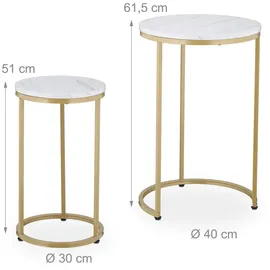 Relaxdays Satztisch, 2er Set, 2 Größen, Marmoroptik, Metall, runde Beistelltische, Wohnzimmer Couchtisch, weiß/Gold