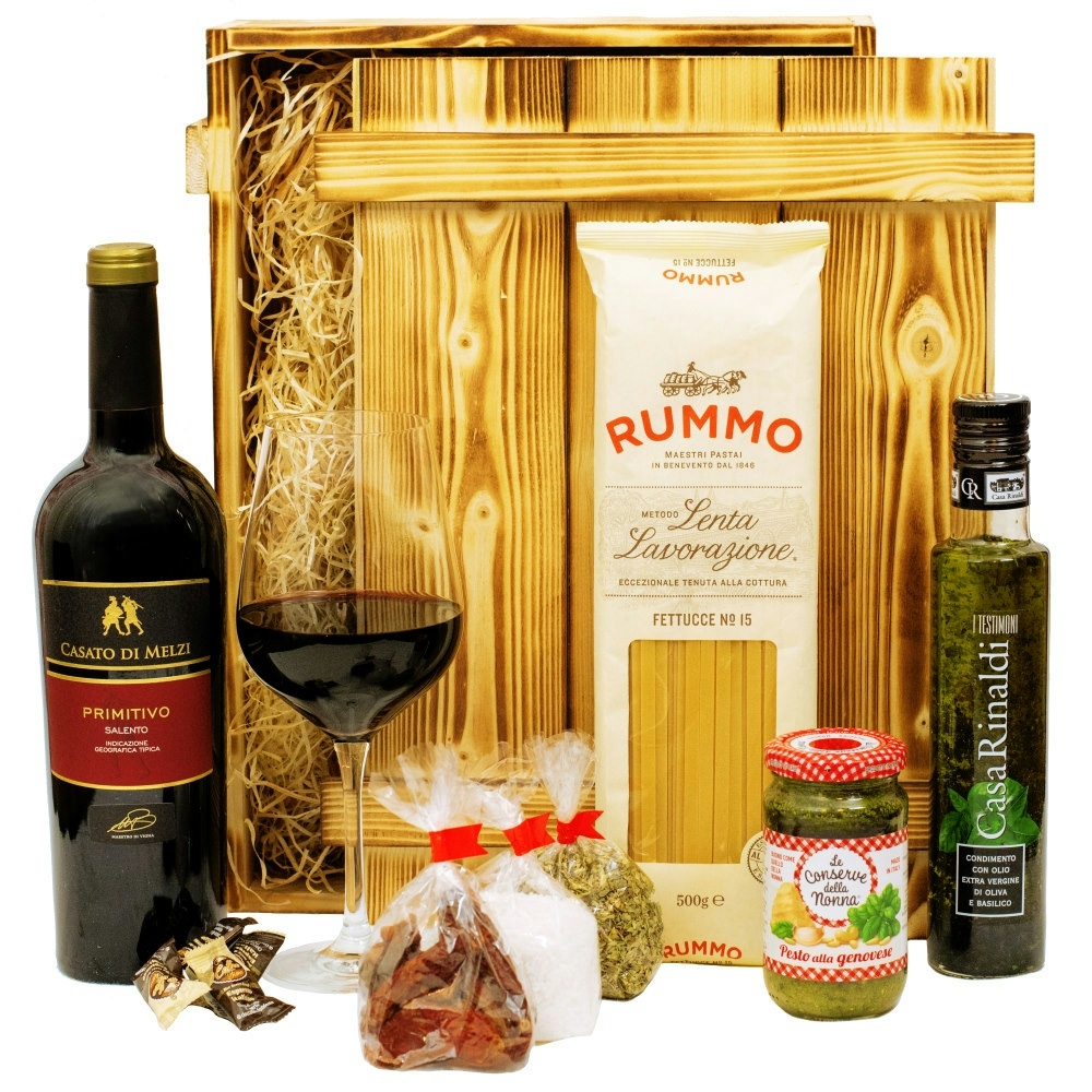 Geschenkbox-24 Italienisches Geschenkset „Verona“ | Geschenkkorb gefüllt mit Wein, italienischen Spezialitäten & edler Holzkiste