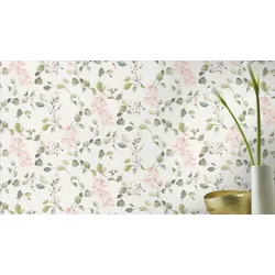 Papiertapete RASCH "mit Blüten", rosa,grün,cremeweiß, B:0,53m L:10,05m, Papier, Tapeten, Blumen