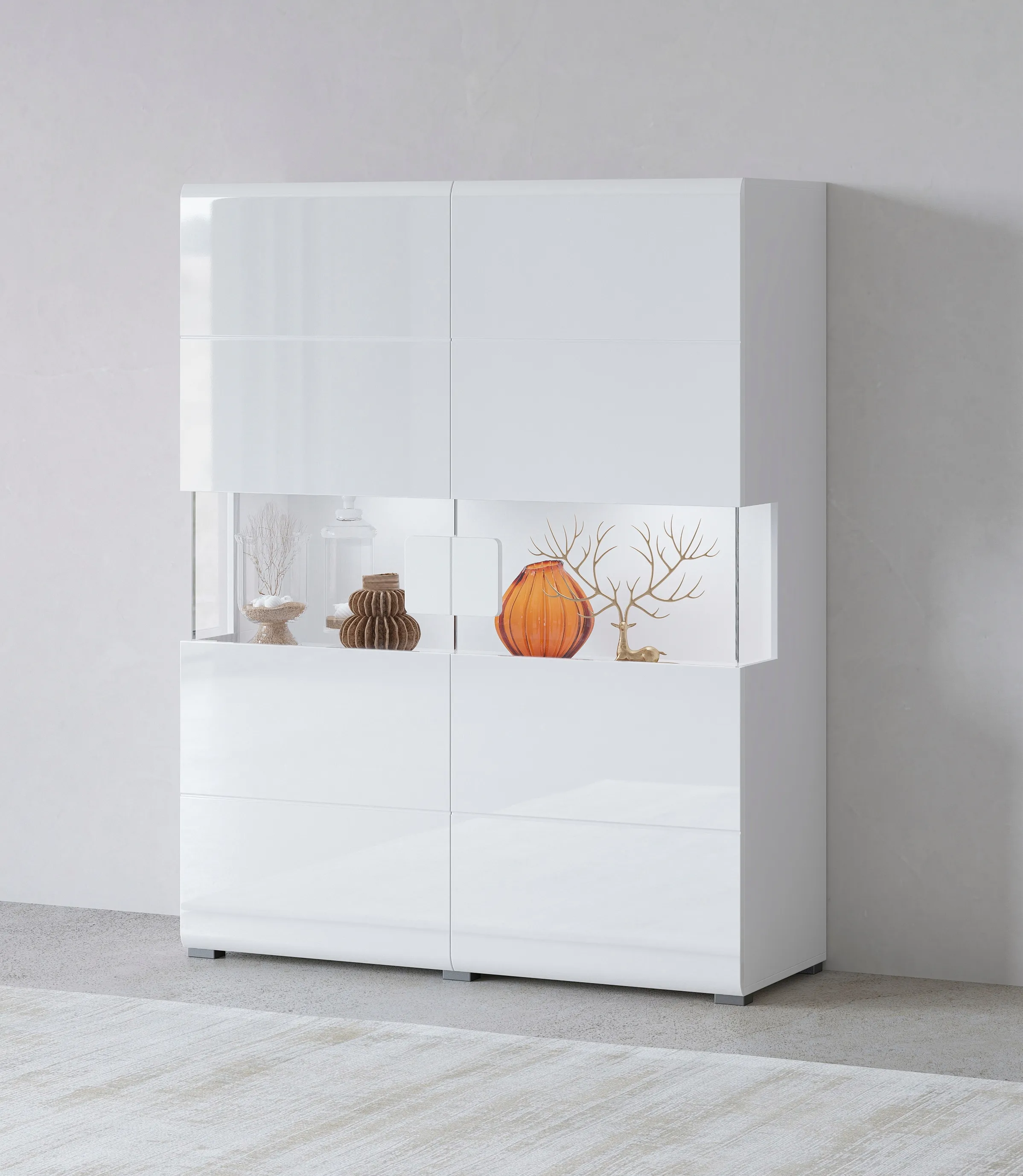 Highboard INOSIGN "Toledo,Breite 121,5 cm, trendige Hochkommode mit 2 Türen", weiß (weiß matt, weiß hgl), ABS-Kunststoff, FSC-zertifizierter Holzwerkstoff, MDF, Glas, Metall, Sideboards, Hochschrank mit Glas-Partien,stylische Hochglanzfronten