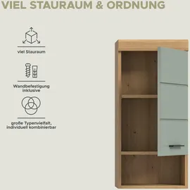 WELLTIME Hängeschrank WELLTIME "SIENA, Breite 37cm, 1 Tür, 1 offenes Fächer, 1 Einlegeboden, MDF-Front", grün (eiche, salbei), B:37cm H:79cm T:24cm, Holzwerkstoff, Schränke, Hängeschrank, in verschiedenen Farben erhältlich, Badmöbel, Badschrank, Schrank, Bad