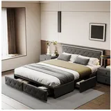 pxloue Bett 140x200 mit Schubladen und LED&Ladefunktion Doppelbett mit Lattenrost Beige