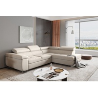 Fun Möbel Ecksofa Couchgarnitur JADE Stoff Beige Schlaffunktion Ottomane Rechts Links, 1 Teile, mit Schlaffunktion, echt bezogener Rücken, 2 x Kopfteil abklappbar beige