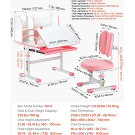 Vevor Kinderschreibtisch mit Stuhl höhenverstellbar 54-73 cm MDF rosa