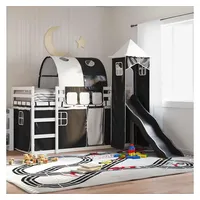 furnicato Bett Hochbett mit Rutsche aus massivem Kiefernholz Weiß 205,5x97,5x113 cm (1-tlg), Kinderbett mit Kletterleiter, Vorhängen und sicherem Rausfallschutz schwarz