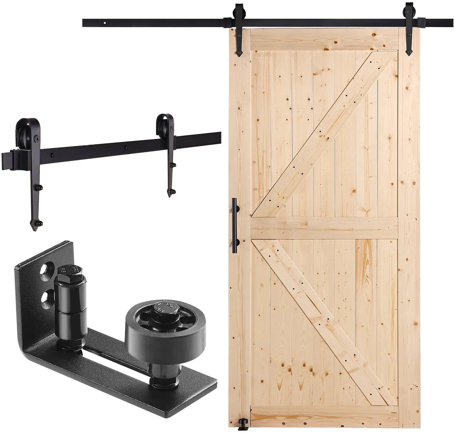 VEVOR Scheunentor und Hardware-Set Schiebetürsystem, 1067 x 2134 mm Holz-Glas-Schiebetor, leise, Scheunentor-Set mit 8-in-1-Bodenführung und Türgriff, Fichtenholzplatte, für Wohnzimmer usw.