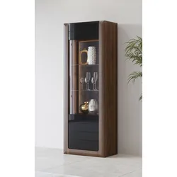 Vitrine LEONIQUE "Kasai", schwarz (wallnut columbia, schwarz hgl), B:73,5cm H:200cm T:41cm, FSC-zertifizierter Holzwerkstoff, Dekorfolie, MDF, Glas, Schränke
