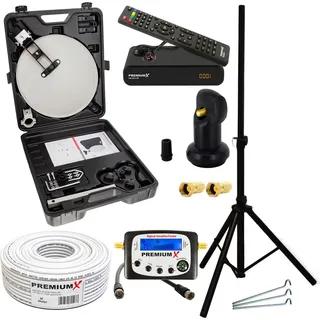 PremiumX Camping Satelliten Anlage Satellitenschüssel HD TV Receiver SAT-Finder LNB Kabel im Koffer Stativ