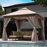 LAUSAINT HOME Pavillon 3x3 m Semi-Permanenter Gartenpavillon, Partyzelt Unterstand mit Doppeldach, Moskitonetzen & Sichtschutzwänden, Khaki 304,8 x 304,8 cm für Garten Hinterhof