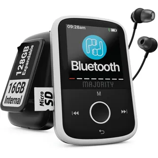 MP3 Player Bluetooth | MP3 Player Kinder 16 GB interner Speicher, erweiterbar 128 GB | Mp 3-Player mit Laufclip | USB-C | Music Player 34 Stunden Akkulaufzeit | Musikplayer | MAJORITY MP3-GO