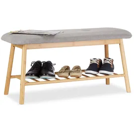 Relaxdays Schuhbank Bambus für 2 Personen, Polsterbank mit Schuhablage für 4 Paar Schuhe, bequeme Sitzbank, natur-grau,