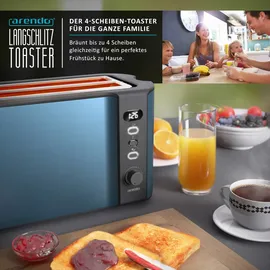 Arendo 4-Scheiben-Toaster mit Restzeitanzeige, Langschlitz-Toaster, Auftaufunktion, 6 Stufen, Blau