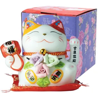Jade Temple Maneki Neko Winkekatze Weiß mit Fächer, Spardose, japanische Glücksbringer Katze, asiatisches Deko-Objekt, Porzellan, 13cm Höhe, 15cm Durchmesser, mit Kissen, 1 Stück in Geschenkbox