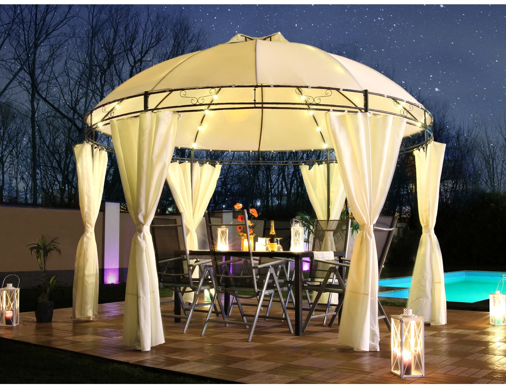 Swing&Harmonie LED - Pavillon 350cm Lavo - mit Seitenwänden und LED Beleuchtung + Solarmodul Runder Gartenpavillon Partyzelt Gartenzelt Rund - versch. Ausführungen