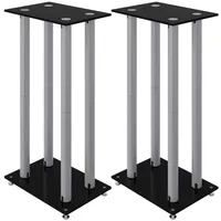 vidaXL Lautsprecher Ständer 2 STK., Boxenständer Bodenständer mit 4 Säulen, Lautsprecher Halterung mit rutschfesten Füßen, Schwarz Silbern Hartglas
