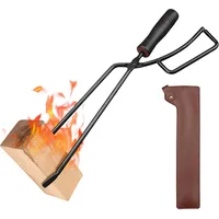 fikujap Holzzange Kamin, Kaminzange Lang 40cm Für Holz Und Briketts Mit Holzgriff Und PU-Lederfal, Kaminzange Einhand, Kaminholzzange Aus Edelstahl, Outdoor Feuerholzzange Für Kaminzubehör