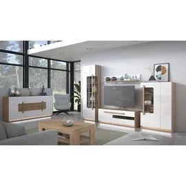 Forte Lowboard "Attention TV-Board, TV-Schrank", rivera eiche, weiß glanz, B:139,9cm H:50cm T:41,5cm, Spanplatte, Sideboards, Lowboard, TV-Board, Beleuchtung, Soft Close, Kabelführung