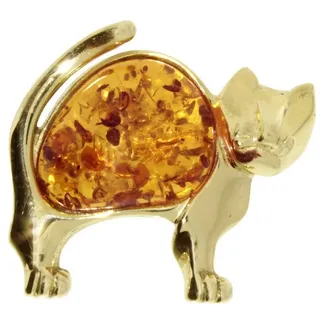 OSTSEE-SCHMUCK Brosche - Katze - Silber 925/000, vergoldet - Bernstein (1-tlg) gelb|goldfarben