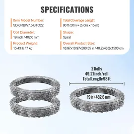 Vevor Natodraht 30 m (2 Rollen x 15 m) Stacheldraht Spirale Sperrdraht Stacheldrahtzaun (0,51 mm) scharfe Klingen und (ca. 4 mm) dicke Kerndrähte