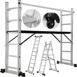 Craftfull Leitergerüst CF-103A 4in1, Mehrzweckleiter aus Aluminium, Anti-Rutsch-Profil, bis 150 kg (1.95 Meter 7 Sprossen)