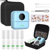 HUIJUTCHEN Mini Drucker mit Tasche, Mini Etikettendrucker Tasche Tragbarer Mini Fotodrucker 10 Rollen Druckerpapie Bluetooth Fotodrucker Thermodrucker für Lernhilfe Lernnotizen Journal Memo (Blau)