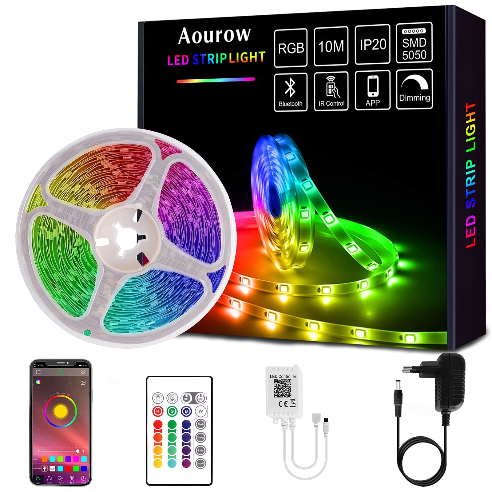 Aourow LED Strip 10m Selbstklebend,Bluetooth LED Streifen RGB mit APP-Steuerung und 24 Tasten Fernbedienung,Sync mit Musik,SMD5050 Lichtband für Party,Haus,Dekoration(Nicht wasserdicht)