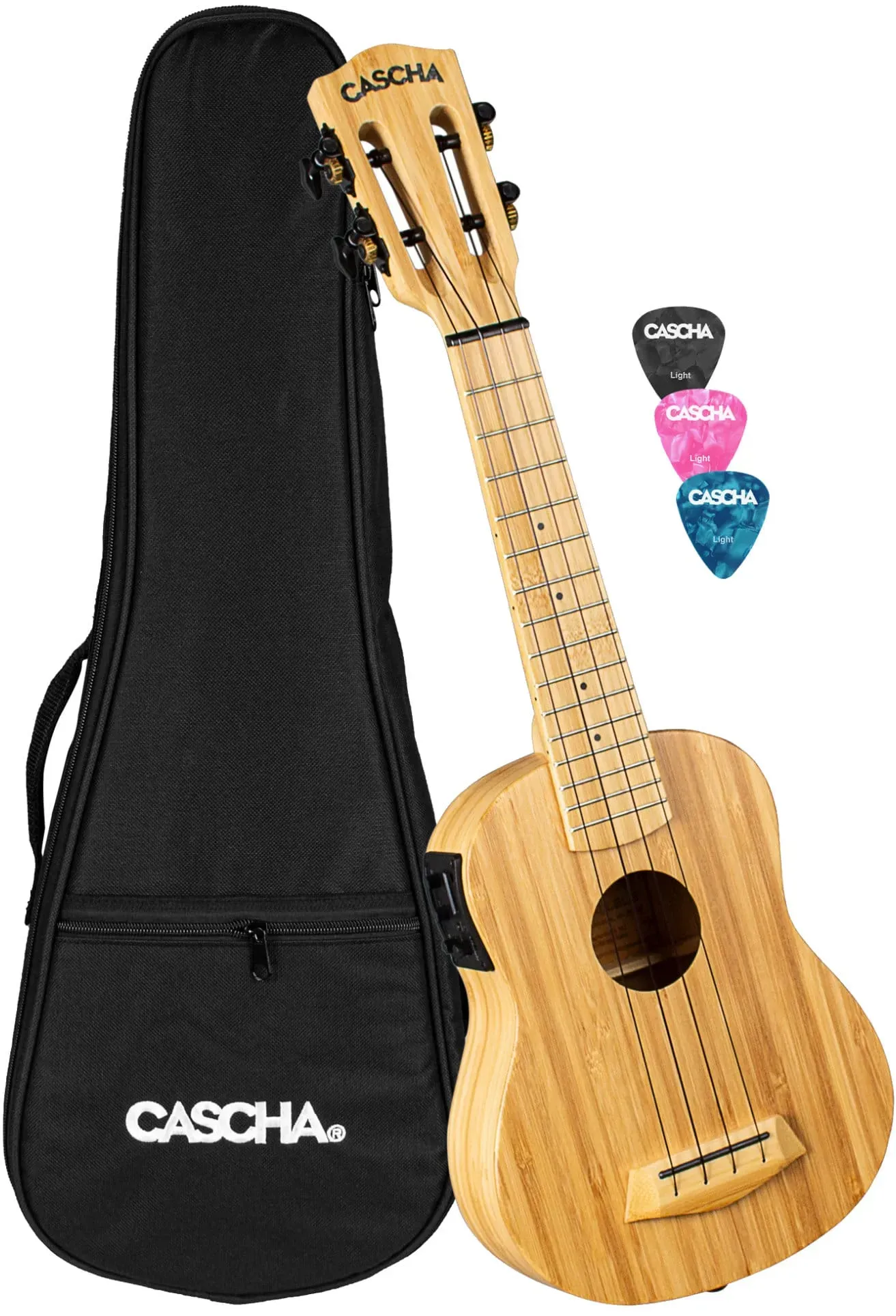 Cascha 2312E Sopran Ukulele Bamboo Natur Bundle mit Tonabnehmer