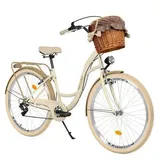 28 Zoll Damenfahrrad MILORD Citybike Mit Weidenkorb Vintage Creme Fahrrad 7 Gänge - Creme-Braun